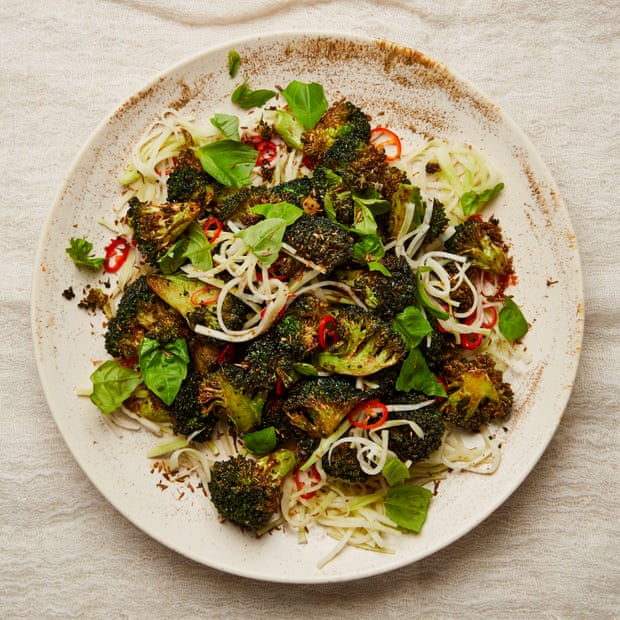 Fried broccoli florets and pickled stems.