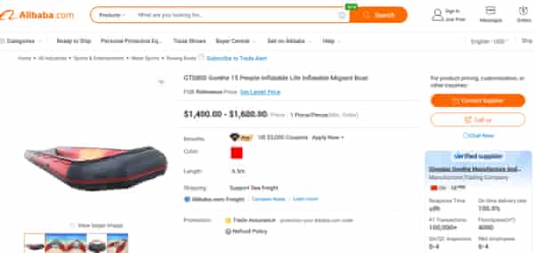A screenshot of a ‘migrant boat’ on sale on the internet (Alibaba.com).