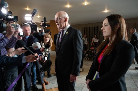 John Swinney and Kate Forbes, the deputy first minister, speaking to the media at Holyrood today.