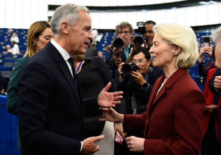 Canadian prime minister Mark Carney and European Commission president Ursula von der Leyen speak.