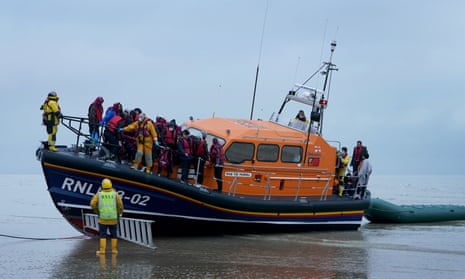 A group rescued by the RNLI are brought in to Dungeness, Kent.