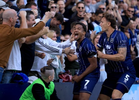 Tairyk Arconte celebrates scoring Millwall’s second goal of the game against Norwich City.