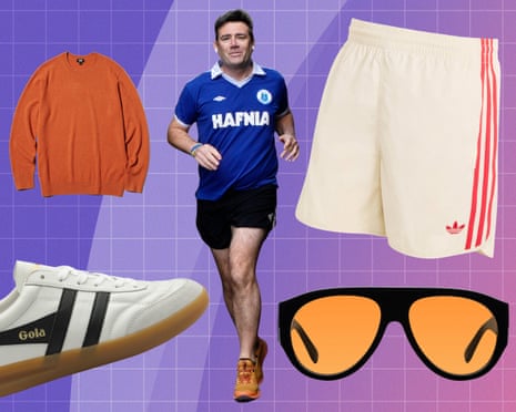 Andy Burnham, in a football shirt, runs surrounded by clothing items: an orange sweater, white shorts, white trainers, and orange-tinted sunglasses