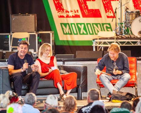 Andy Burnham on the Left Field stage at Glastonbury festival in 2022, in a debate session hosted by John Harris (right), also including the campaigner Frances Foley.