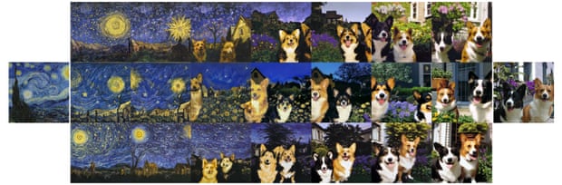The merger of the starry night with two dogs, DALL•E 2 .  By