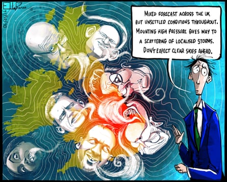 A weather map showing political leaders with a storm coming
