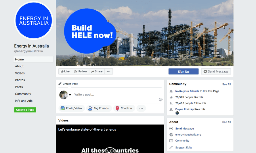 The Energy in Australia Facebook page frequently posts in support of clean coal and attacks renewables. It was taken down after Guardian Australia questioned its link to Project Caesar.