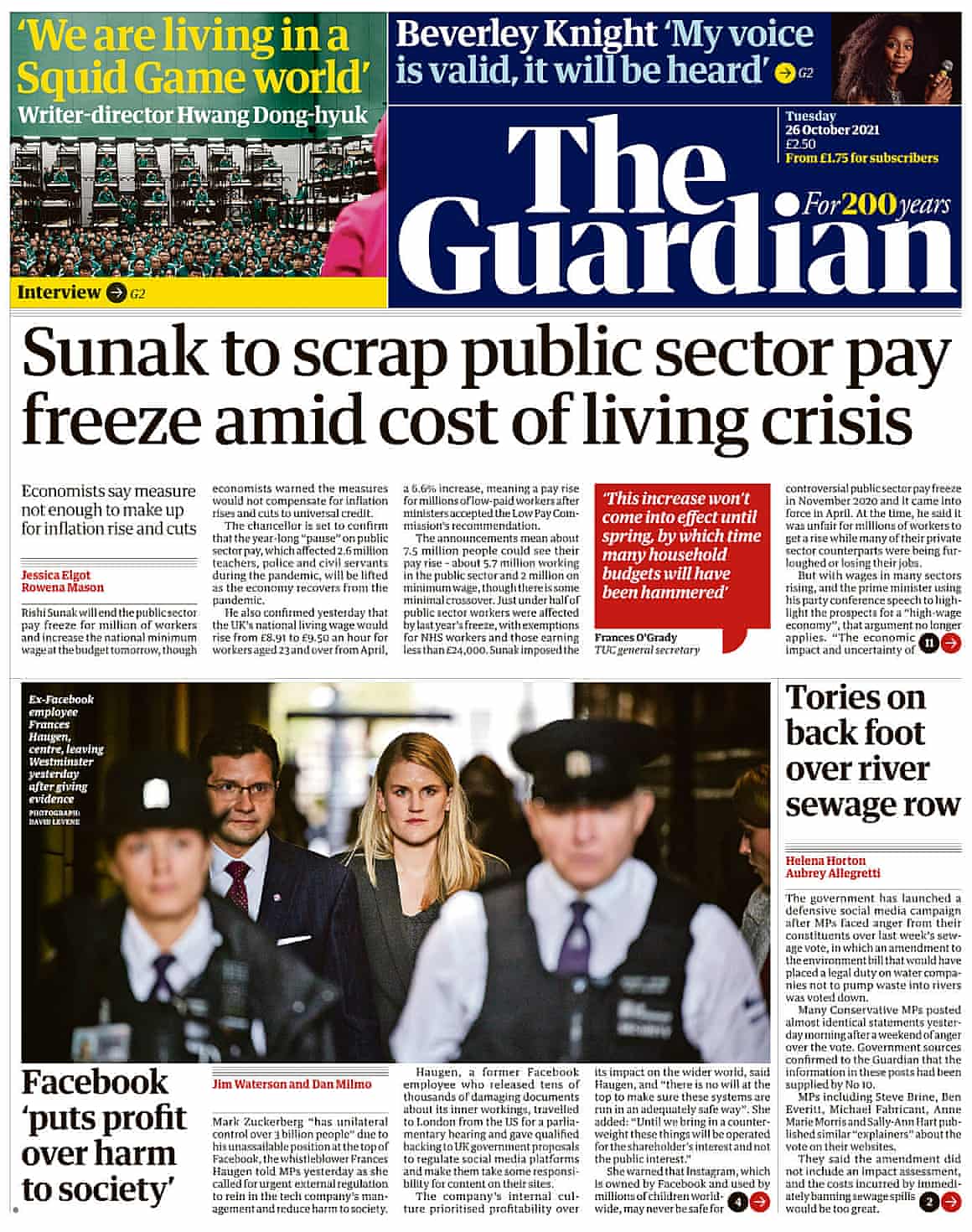 Guardian front page, 26 October 2021