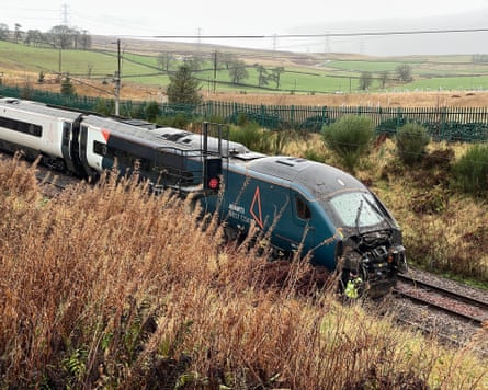The derailed train near Shap in Cumbria