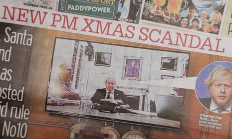 The front page of the Sunday Mirror showing Boris Johnson taking part in a Downing Street quiz with two aides who were not socially distanced from one another.