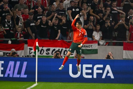 Cristiano Ronaldo marks another goal for Portugal with his trademark celebration.