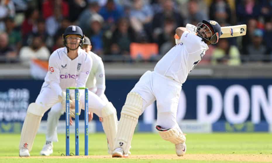 Rishabh Pant launches Jack Leach for one of the four sixes he hit during an innings of 146