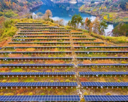 Rows of solar panels in a scenic setting, on a barren hill surrounded by bushes in browns, oranges and greens beside a large lake