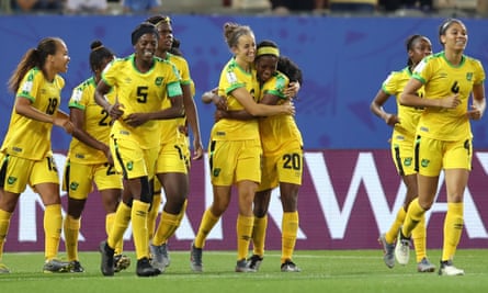 Havana Solaun (centre) celebrates after rounding Australia goalkeeper Lydia Williams to score Jamaica’s first ever World Cup goal.