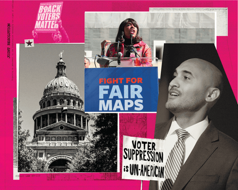 a collage of images showing Terri Sewell, Shomari Figures, voting rights protest signs and a government building