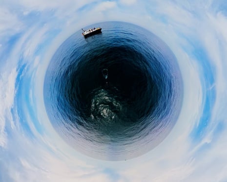 Fish-eye view of boat on the water