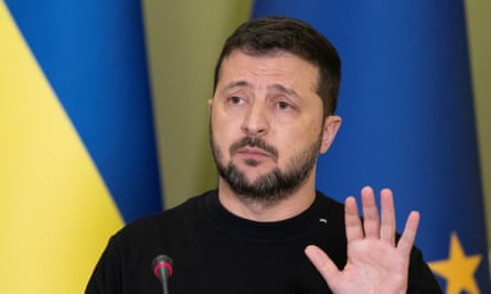 Volodymyr Zelenskiy at a press conference in Kyiv this month.
