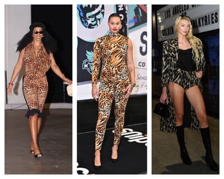 Three very tall female athletes in animal print couture.
