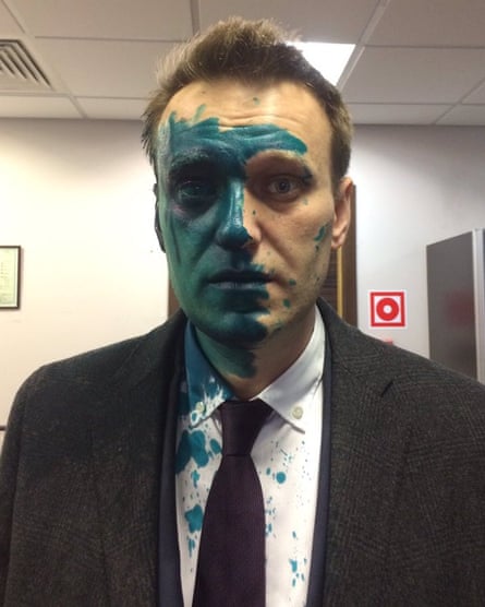 Alexei Navalny after having green dye thrown in his face, the second such attack he has suffered this year.