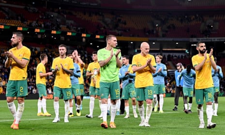 Members of the Socceroos squad celebrate last week’s 1-0 friendly win over New Zealand in Brisbane.