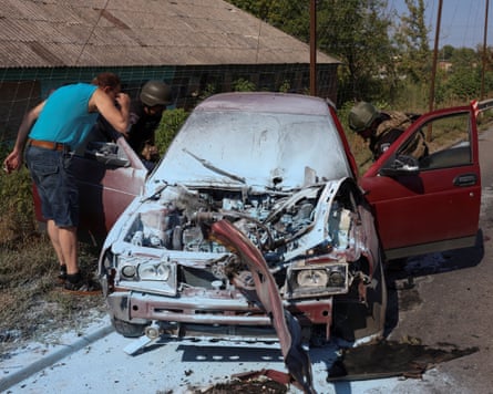 A car that struck by a Russian drone in the frontline city of Kramatorsk.