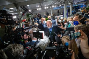 Frans Timmermans, the vice-president of the European Commission, speaks to reporters