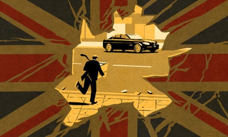 An illustration of a businessman running away from a broken window towards an expensive car, holding a box full of stolen goods