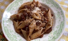 Rachel Roddy's penne with umami vegetables (but the chicken has scarpered).