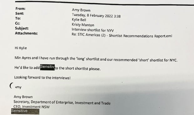 An email tendered to the NSW upper house inquiry into the appointment of former deputy premier John Barilaro to a New York trade role.