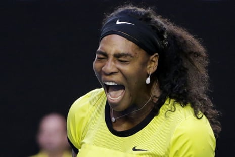 A struggling Serena Williams screams as she celebrates a point.