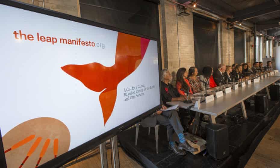The panel sits during a news conference to launch the “Leap Manifesto: A Call for a Canada Based on Caring for the Earth and One Another “ in Toronto, September 15, 2015. The Leap Manifesto is a group consisting of activists, artists, and celebrities that call for strong environmental policy changes and initiatives.