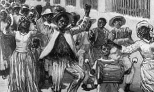 An 1833 black and white drawing of African-British people celebrating  emancipation in the streets of Barbados. While adults dance and parade, a young boy in the foreground beats a drum.