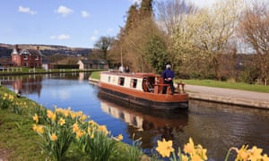 Narrowboat navigating the Llangollen canal with daffodils in spring