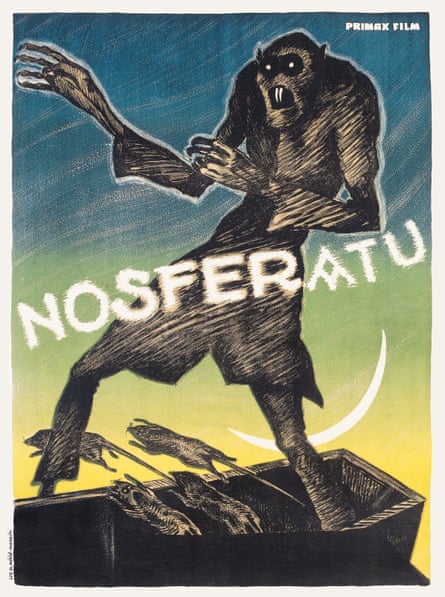Affiche pour Nosferatu, 1922, montrant Nosferatu sortant de son cercueil suivi de rats