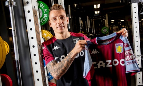 Lucas Digne at Aston Villa’s training ground on Thursday after sealing his move from Everton.