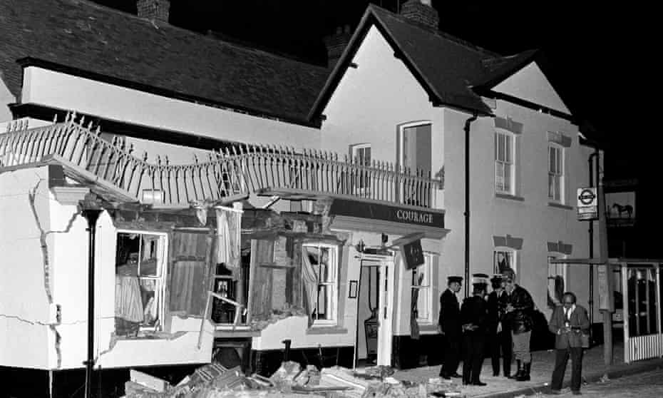 The aftermath of an IRA bomb attack at the Horse and Groom pub in Guildford, Surrey, in which four soldiers and a civilian were killed.