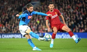 Dries Mertens thumps the ball home to give Napoli the lead.