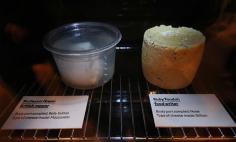 A mozzarella (left) made with bacteria sampled from the belly button of Professor Green, and a Stilton cheese made with bacteria sampled from the nose of food writer Ruby Tandoh.