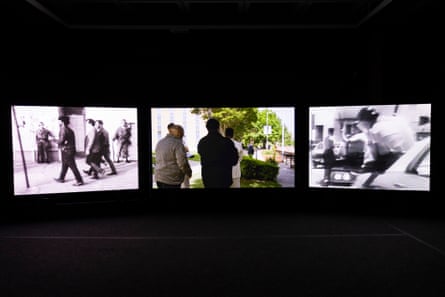 Grim foreshadowing … Naeem Mohaiemen uses archival footage across three screens.