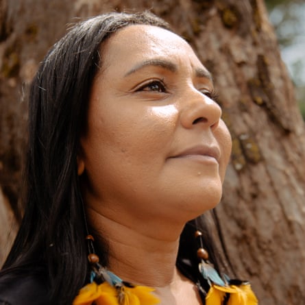 Puyr Tembé, leader of the Tembé people and co-founder of ANMIGA (The National Articulation of Indigenous Women Ancestrality Warriors), is pictured at the Free Land Camp in Brasília, Brazil.