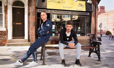 Diogo Jota, left, and Rúben Neves outside a Portuguese cafe in Wolverhampton. They joined from Atlético Madrid and Porto respectively last season.