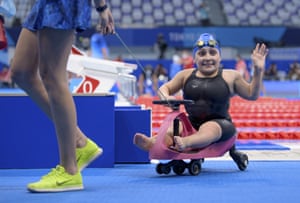 Brazil’s Esthefany Rodrigues leaves the arena after swimming in the women’s 200m freestyle S1 heats