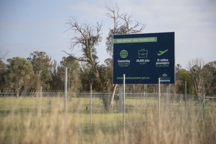 A general view of signage at the Badgerys Creek airport site in Sydney.