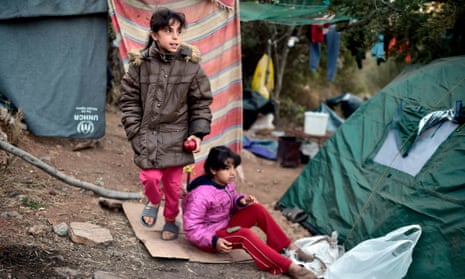 Recently arrived child refugees in a makeshift tent camp on the island of Samos.