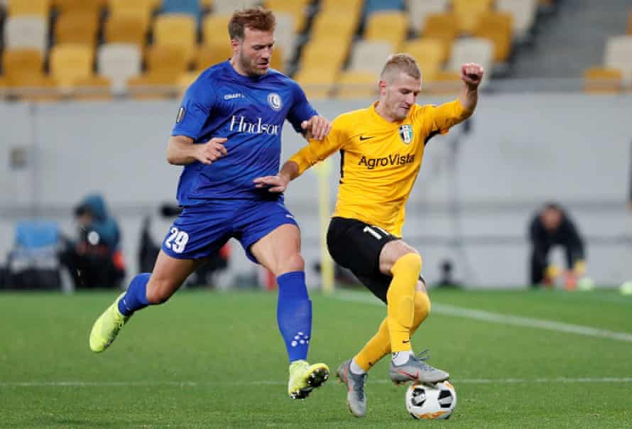 ‘The worst possible nightmare’: voices from Ukrainian football as war rages | Soccer 4 Denys Miroshnichenko (right) in action for Olexandriya against Gent in the Europa League in 2019.