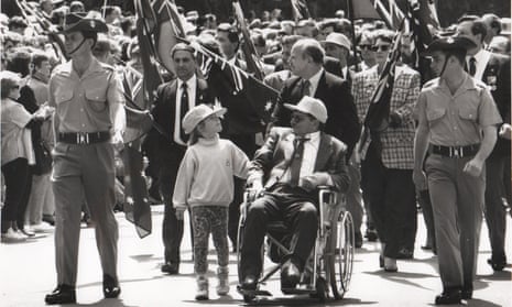 Joe Stawyskyj pictured in his wheelchair out in front of his old regiment, 5RAR, at an Anzac Day parade in Sydney.