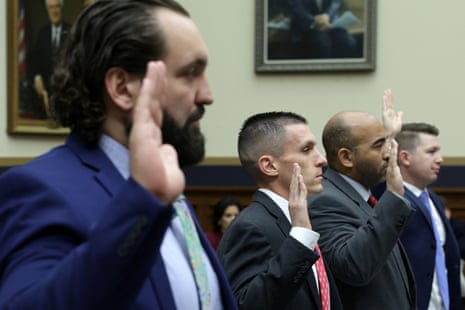 Former FBI agent Garret O’Boyle, far left, is sworn in during the subcommittee hearing.