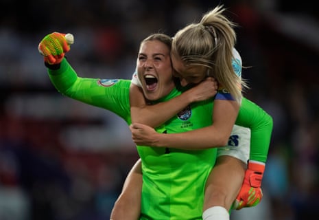 Goalkeeper Mary Earps and Leah Williamson of England celebrate their team's third goal during the UEFA Women's Euro 2022 Semi Final match between England and Sweden.