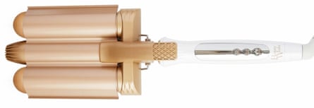 The tan and white Beauty Works Jumbo Waver on a white background