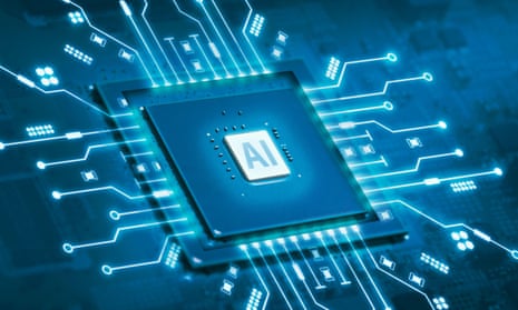 Computer processor chip with microchip on electronic circuit board on blue background.